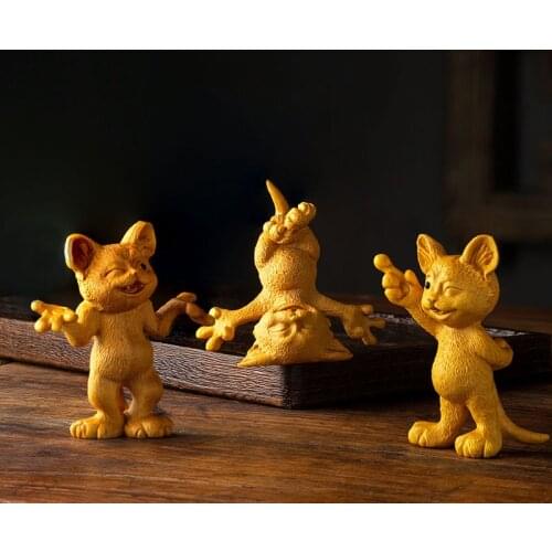 8CM Naughty Cat Statue Wood Animal Statue Three Little Kittens Arts Crafts Solid Wood Statue Lucky Statue Home Decoration
