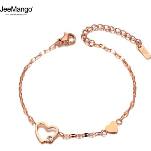 JeeMango Rose Gold Stainless Steel Love Heart Charm Bracelets Bangle For Women Bohemia CZ Crystal Chain Link Bracelet JB20033