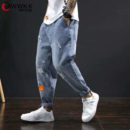 WWKK 2020 Hip Hop Streetwear Harem Jeans Pants Men Loose Hole Joggers Denim Casual Sweatpants Korea Ankle length Trousers
