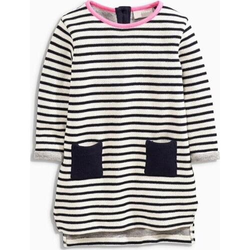 Little Maven New Children Clothing Long-sleeved O-necked Striped Pocket Botton Spring Autumn Girls Cotton Knitted Casual Dresses