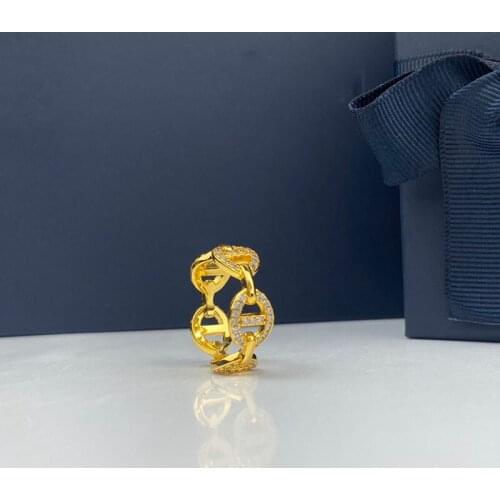 SLJELY Fashion S925 Sterling Silver Yellow Gold Color Chain Link Finger Ring Micro Zirconia Stones Women Luxury Brand Jewelry