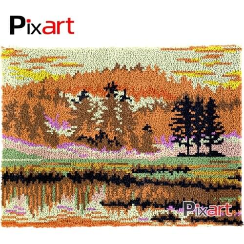 Latch Hook Rug Sunset Forest Lush Wall Tapestry Kits DIY Carpet Rug Lofty Yarn Cushion Arts Crocheted Fluffy Floor Mat Crafts