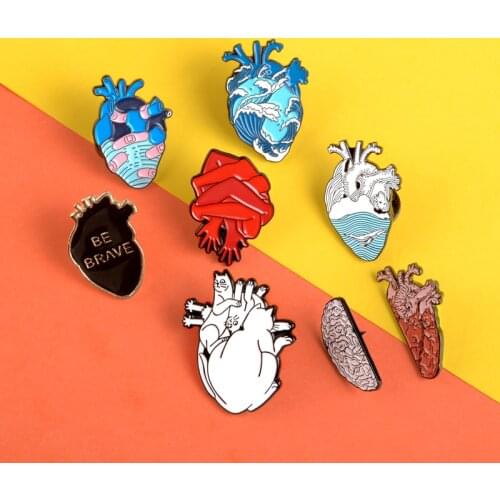 Creative Heart Pins Ocean Black brave heart Enamel Pin Badges Bandage Hand cat Lapel Pins Brooches for women men Anatomy Jewelry