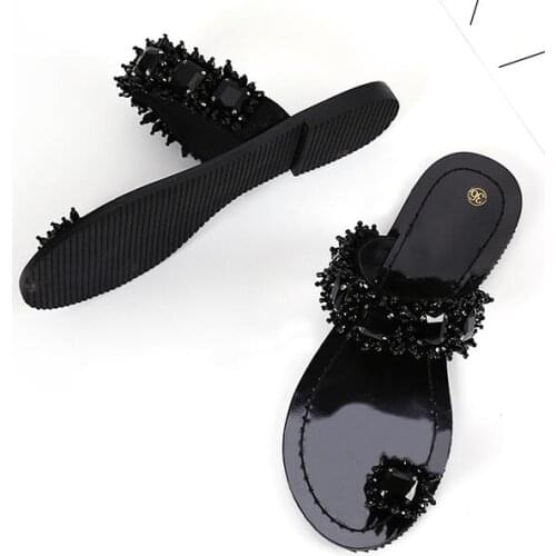 Summer Ladies Shiny Rhinestone Beads Slipper Simple Flat Sandals Woman Thong toe Leisure Bling Crystal Slide Shoes