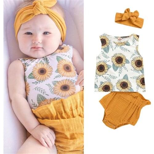 Summer Baby Girl Clothing sunflower Sleeveless Top PP Shorts Sunflower Summer 3Pc Outfit Newborn Set