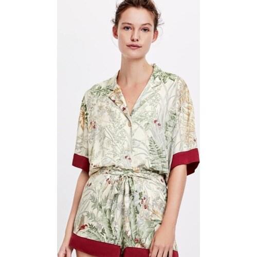 Summer Printing Short Sleeve Shorts Pajamas Half Turn-down Collar Satin Loungewear Women Pijama Sexy Lingerie Pyjamas Home Set
