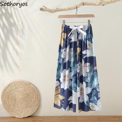 Baggy Sleep Bottoms Women Summer Ankle Length Floral Home-wear Soft Leisure Trendy Elastic Waist Females Lounge Breathable Chic
