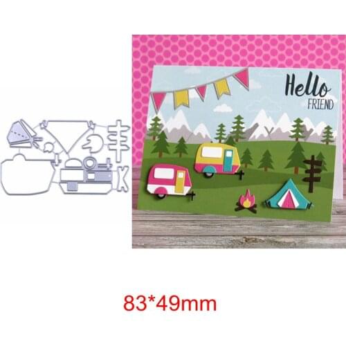 Metal Cutting Dies Camping Recreational Vehicle Tent Fire Tree Signpost Frame Funny DIY Handmade Making Card Embossing Paper New