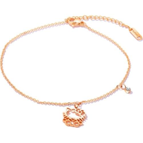 Fashion Charm Cute Hollow Kitty cat with CZ Anklets For Women Rose Gold Stainless Steel Ladies girl summer Jewelry Gift