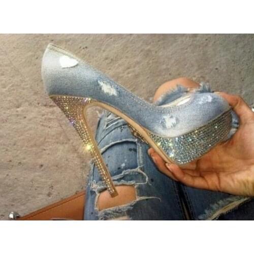 Newest Blue Denim Crystal High Heel Pumps High Platform Lace Jeans Elegant Party Dress shoes woman For Women Peep Toe Free