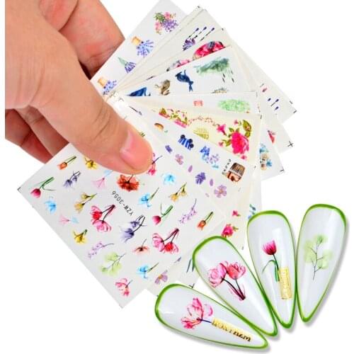 2021 New Nail Watermark Sticker Blooming Flowers Green Leaves Branches Pattern Water Transfer Nail Art Sticker Decoration Decals