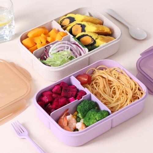 Microwavable Wheat Straw Lunch Box with Fork Spoon Adult Bento Lunch Box Japanese Square Separate Preservation Box