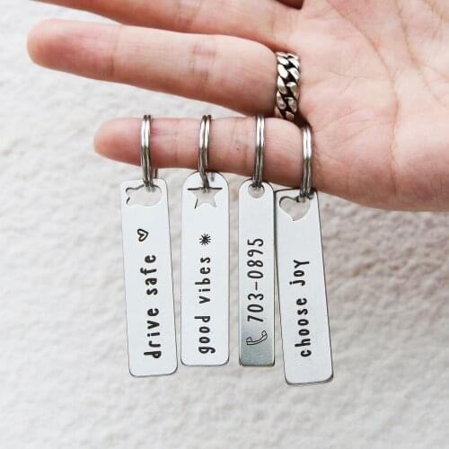 Personalized Stainless Steel Keychain Gifts Engrave Drive Safe Car Logo Custom Phone Number Quotes KeyRings