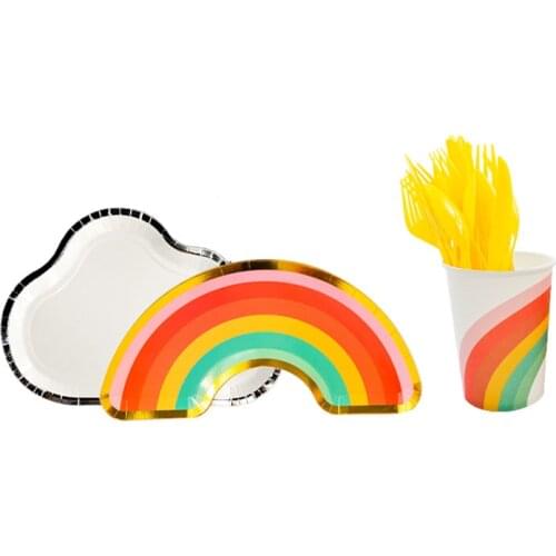 Rainbow Clouds Paper Plate Cup Spoon Napkin Set Party Desktop Dress Up Supplies for 8 People 16 People DEC544