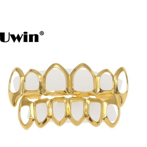 Uwin Fashion Hallow Gold Color Vampire Fangs Hip Hop Style Dental Teeth Grills Top & Bottom Grills Set With Silicone Teeth