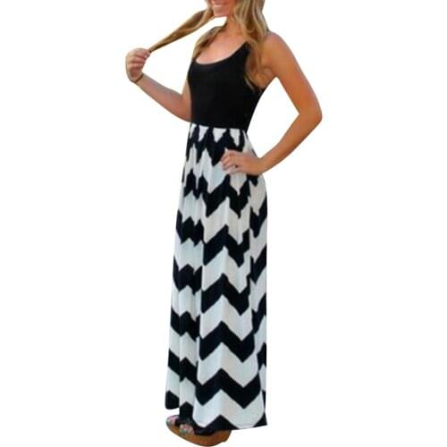 Wavy Stripes Print Womens Sleeveless Maxi Dress Casual Round Neck Tunic Long Maxi Dress Ladies Summer Beach Sundress S-5XL D30