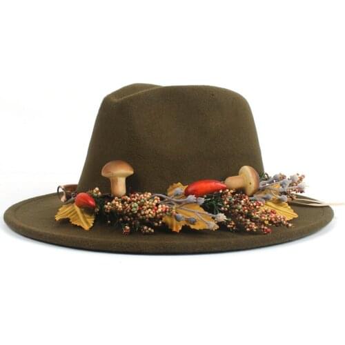 100% Wool Women Outback Fedora Hat Wide Brim Flower Fascinator Hat For Elegant Lady Jazz Church Sombrero Caps 2Size 56-60