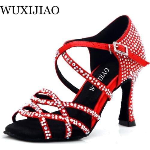 WUXIJIAO womens Latin dance shoes color satin sequins rhinestones Cuban high heels 9cm