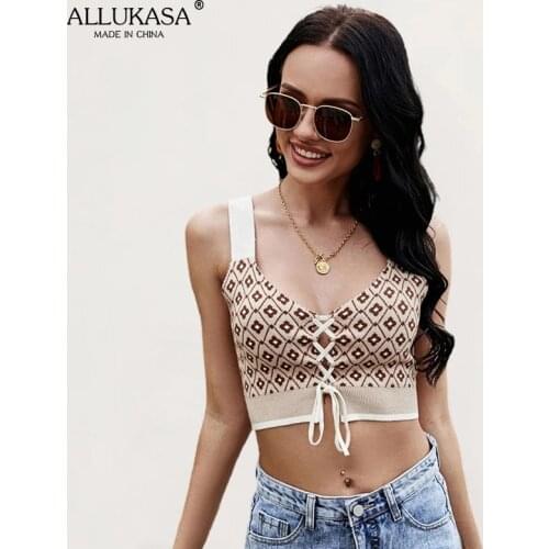 Ladies Bandage Bra Corset Sexy Sleeveless V-neck Knit Camisole Cross Hollow Summer Beach Vacation Club Vest 2021 New