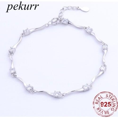 Pekurr 100% 925 Sterling Silver 10 Knot Whirling Ribbon Shape CZ Gem Women Bracelet Silver Chains Elegant Jewelry Gifts