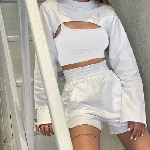 Yimunancy 3-piece Womens Sports Long-sleeved Top + Suspender Top + High Waist Shorts 2021 Autumn Casual Hoodie Set