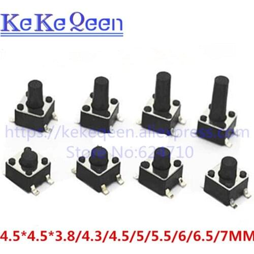 100pcs 4.5x4.5mm Panel PCB Momentary Tactile Push Button Switch SMT 4pin 4.5x4.5x3.8/4.3/5/6/7 MM 4.5*4.5*3.8MM 4.3MM 5MM 6MM