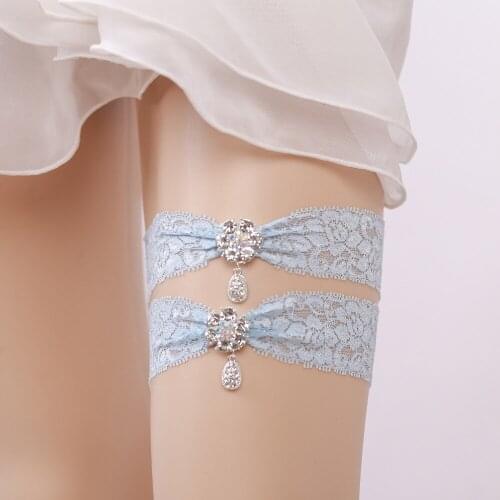Wedding Garter Rhinestone Lace Flower Blue Sexy Garters 2pcs set for Women/Female/Bride Thigh Ring Bridal Leg Garter