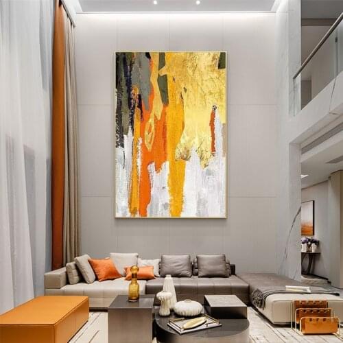 Abstract Oil Painting Handmade Gold Foil Golden Red Mural Art Cuadros Canvas Painting Large Sofa Decoration Frameless Painting