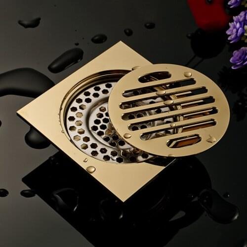 Free Shipping Gold Square Smell Proof Foot Floor Drain For Bathroom Floor Cover Shower Room Drain Plug 100*100mm Total Brass
