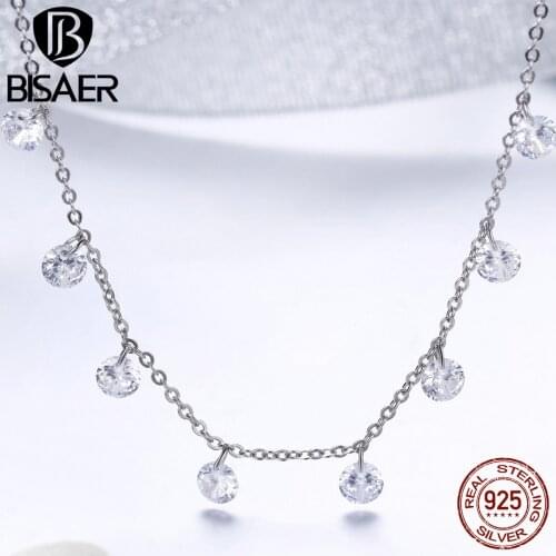 BISAER 925 Sterling Silver Necklaces Pendant Luminous CZ Cubic Zircon Collar Women Necklace Sterling Silver Jewelry Gift ECN299