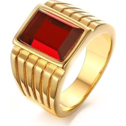 Big Red Stone Rings for Men Jewelry Cool Gold-Color 316l Stainless Steel
