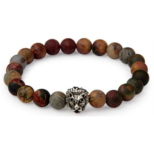 Animal Lion head Charm Bracelet of Matte Tiger eye Map Stone Natural Stone Bracelet for Men Women Jewelry Gift