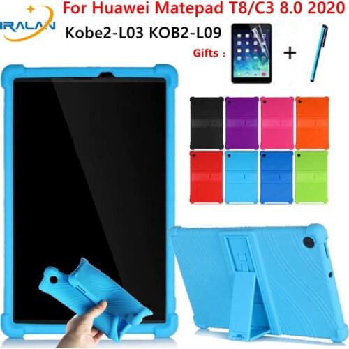 Tablet Case For Huawei MatePad T8 Kobe2-L03 KOB2-L09 Kids Friendly Soft Silicone Shockproof Protective Stand Cover+Film+Stgylus