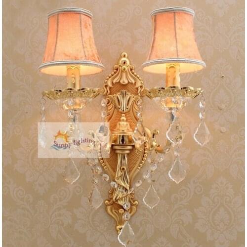 Home deco 2-arm gold wall lamp crystal drops bedside bathroom led indoor lighting 110-240V modern cloth lampshade wall Sconce
