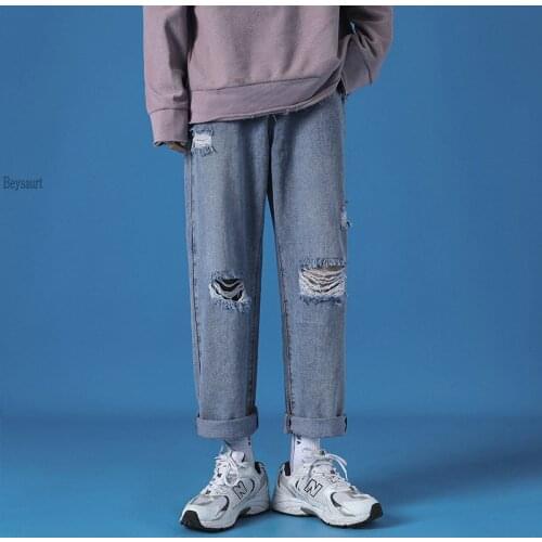 Hole Jeans Pants Men 2021 New Fashion Casual Japanese Retro Men Jeans Trousers S-5XL Large Size Harajuku Korean Blue Men Pants