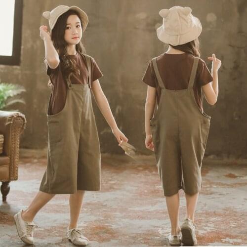 Girls Set 2021 Summer New 12 Year Old Children Clothing Girls Solid Color Short-Sleeved + Overalls Two Sets Baby Pants For Girls