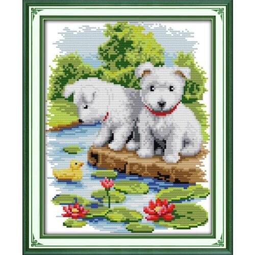 A small white dog cross stitch kit cartoon animal lotus flower 11ct count canvas stitches embroidery DIY handmade needlework