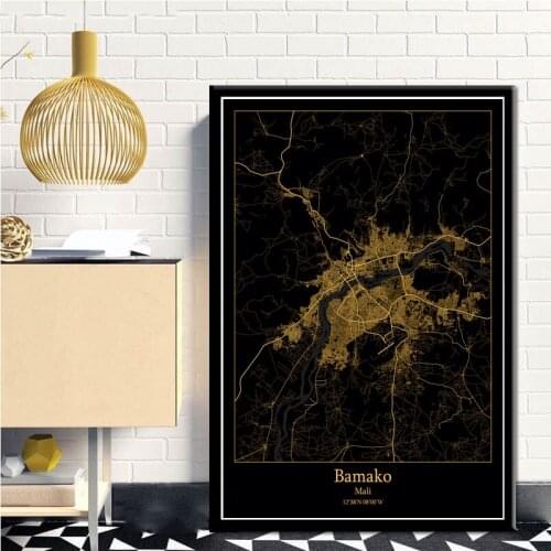 MT154 Abuja Bamako Mali Black Gold City Light Maps World Map Canvas Wall Art Picture Painting Poster Prints Modern Home Decor