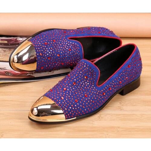 Top Quality MenS Luxury Crystal Purple Shoe Fashion Designer Flat Studd Loafers Gold Toe Dress Wedding Male Sepatu Pria