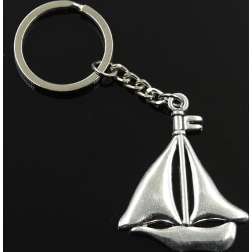 New Fashion Men 30mm Car Keychain DIY Metal Holder Chain Vintage Sailing Ship Sailboat 49x39mm Silver Color Pendant Gift