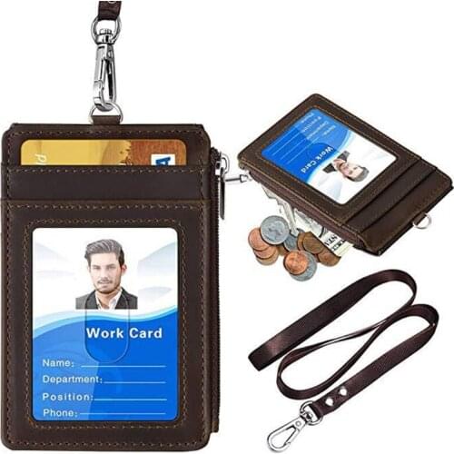 Office Unisex PU Leather ID Badge Card Holder Wallet with 5 Card Slots 1 Side RFID Blocking Pocket with Neck Lanyard Strap