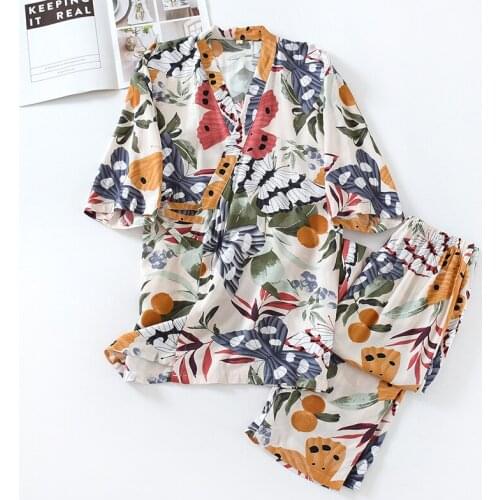 Japanese Style Kimono Cotton Multicolor Floral Print Pajamas Suit for Women Casual Summer Two-piece Pjs Women Set Dames Kleding