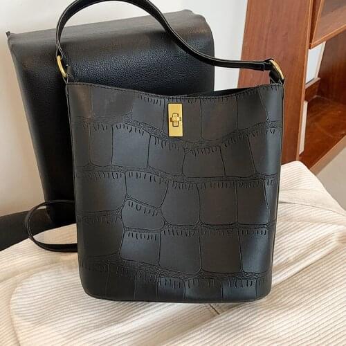 Casual Wild Womens Black Bag 2021 Trending Leather Crossbody Bags Composite Bucket Handbags Simple Elegant Female Shoulder Bag