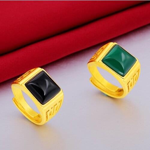Luxury Simple Green/black Color Gem Ring Domineering Men Inlay Semi Precious Stone Gold Color Ring Trend Mens Cocktail Jewelry