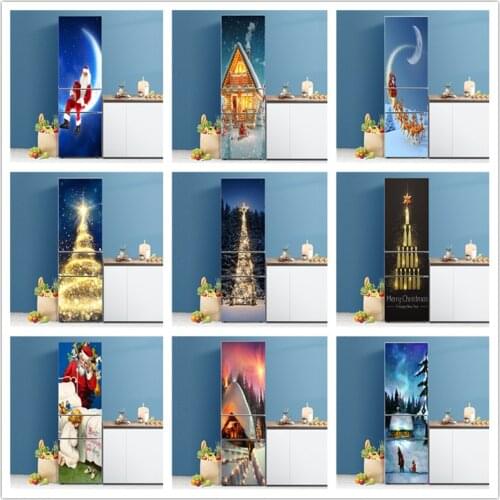 Merry Christmas Refrigerator Door Self Adhesive Decorative Wallpaper Christmas Tree Santa Claus Snowman Fridge Sticker 60x180 CM