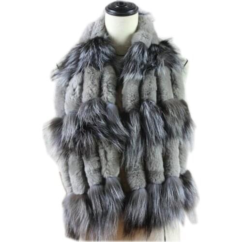 Handmade knitted Women Fashion Rex Rabbit Fur with Silver Fox Fur Scarves Lady Winter Warm Wraps