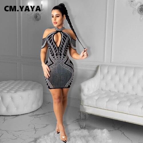 CM.YAYA Hot Rhinestones Mesh Patchwork Off Shoulder Cut Out Midi Bodycon Dress for Women Sexy Club Party Night Dresses Vestidos