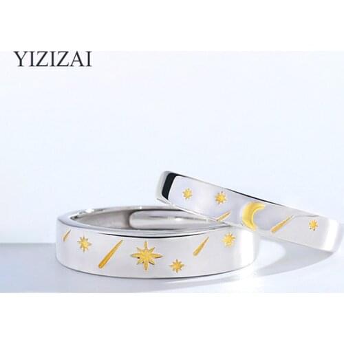 YIZIZAI Sole Memory Sun Moon Star Silver Color Valentines Day Female Resizable Opening Romantic Couple Rings For Men Women Gift