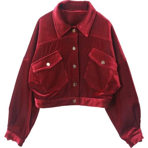 PERHAPS U Women Velvet Corduroy Jacket Winter Warm Autumn Outerwear Red Pink Pocket Button Zipper C0058