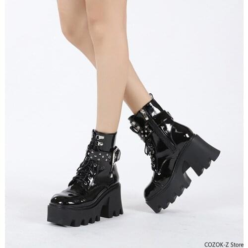 Patent Leather Gothic Black Boots Women Heel Sexy Chain Chunky Heel Platform Boots Female Punk Style Ankle Boots Zipper
